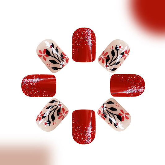 Floral Elegance Short Oval Red and Beige Press On Nail Set with Glitter Accents