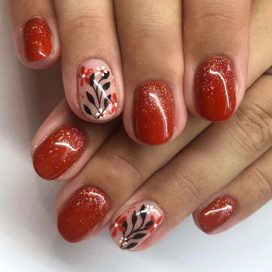 Autumn Glam Press On Nail Set Short Oval Red with Sparkling Glitter and Floral Design