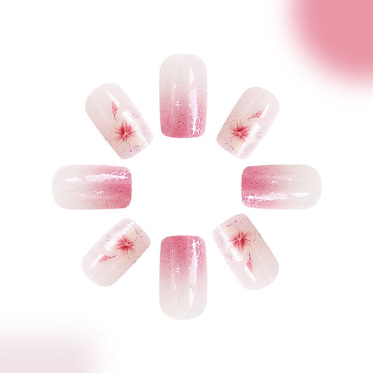 Cherry Blossom Elegance Long Square Press On Nails Pink Ombre with Glitter and Floral Design
