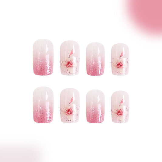 Cherry Blossom Dreams Long Square Pink Ombre Press On Nail Set with Floral Accents and Glitter