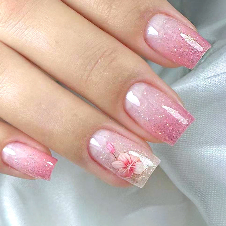 Blossom Paradise Long Square Pink Glitter Press On Nail Set with Floral Design