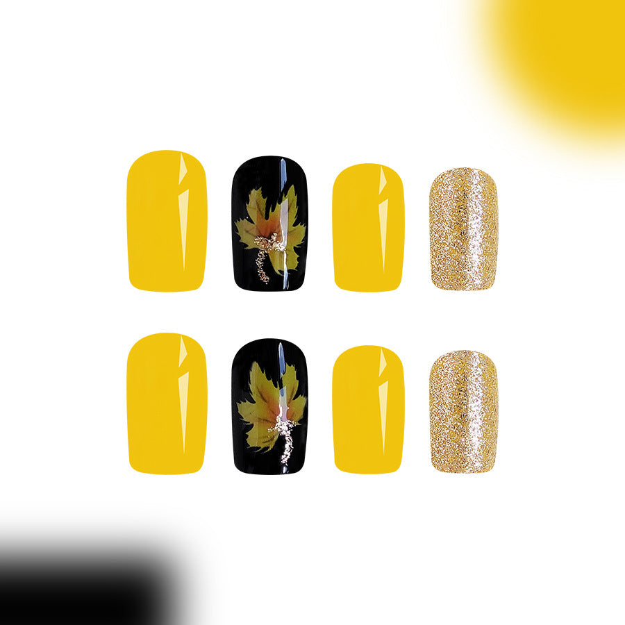 Autumn Elegance Medium Square Yellow Black and Glitter Press On Nail Set with Leaf Design