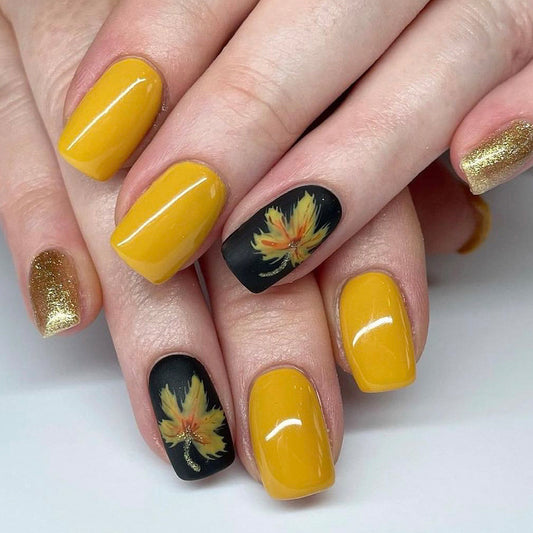 Autumn Bliss Medium Square Yellow and Black Press On Nail Set with Floral Design and Glitter Accents