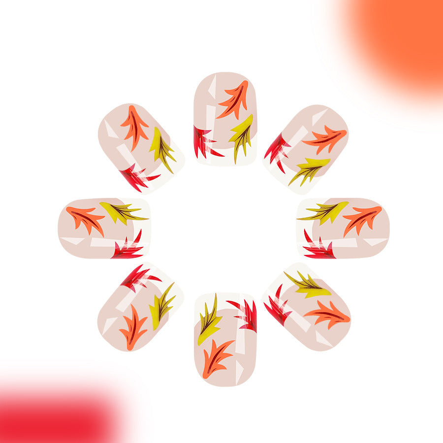 Autumn Leaves Medium Square Press On Nail Set in Clear Beige with Colorful Leaf Designs