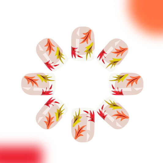 Autumn Leaves Medium Square Press On Nail Set in Clear Beige with Colorful Leaf Designs