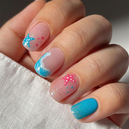 Ocean Breeze Short Square Turquoise Pink and Glitter Press On Nail Set with Beachy Nail Art