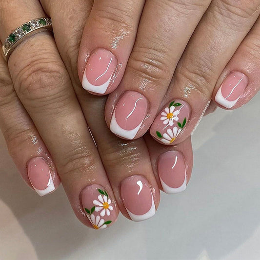 Floral Paradise Short Square Pink Press On Nail Set with White Tips and Charming Daisy Design