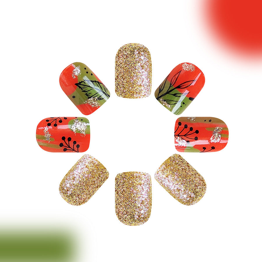 Autumn Elegance Short Oval Red Green and Gold Glitter Floral Press On Nail Set