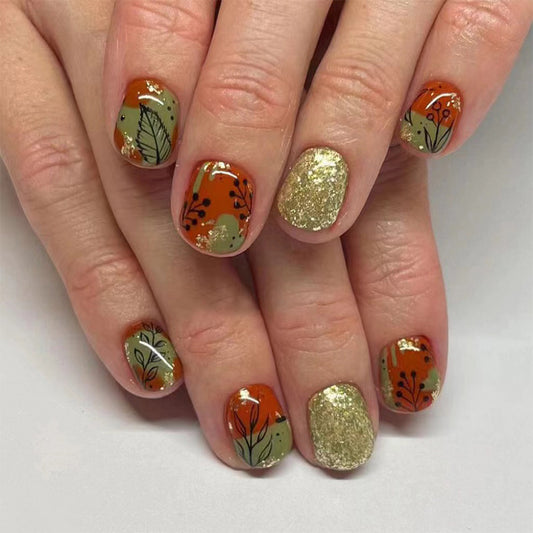 Autumn Blossom Oval Short Press On Nail Set in Orange Green and Gold with Floral Design