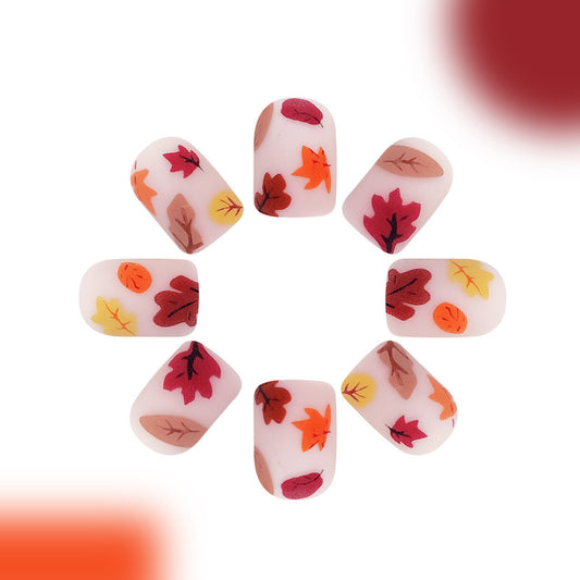 Autumn Elegance Short Square Matte Press On Nail Set in Soft Pink with Colorful Fall Leaf Designs
