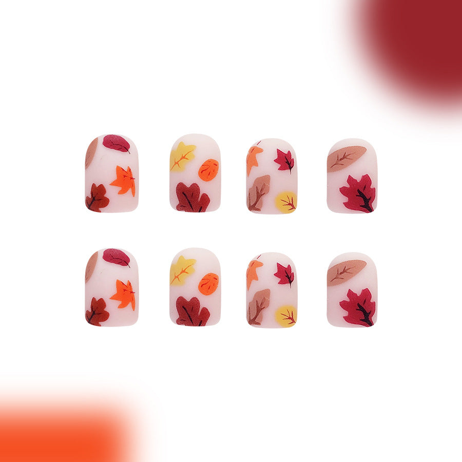 Autumn Bliss Short Square Matte Press On Nail Set with Colorful Leaf Designs