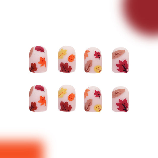 Autumn Bliss Short Square Matte Press On Nail Set with Colorful Leaf Designs