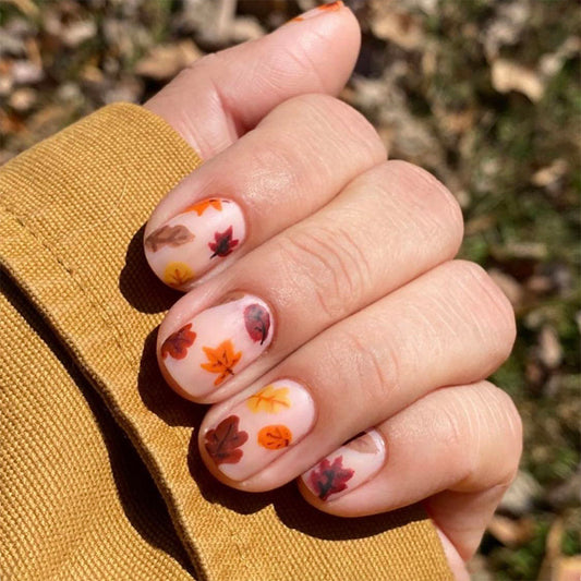 Autumn Vibes Short Square Glossy Press On Nail Set in Beige with Colorful Leaf Accents