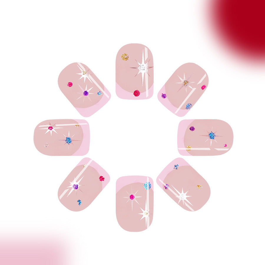 Celestial Glam Press On Nail Set Short Square Pink with Sparkling Star Embellishments