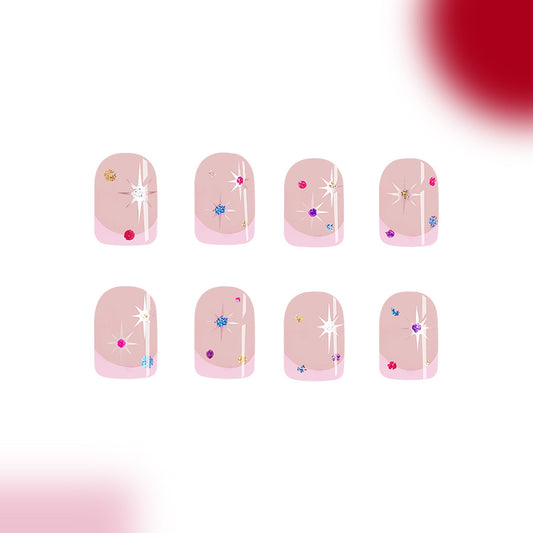 Cosmic Sparkle Press On Nail Set Short Square Beige with Colorful Gemstone Accents