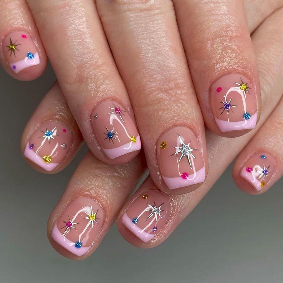 Celestial Dreams Short Square Pink and Clear Press on Nail Set with Sparkling Star Accents