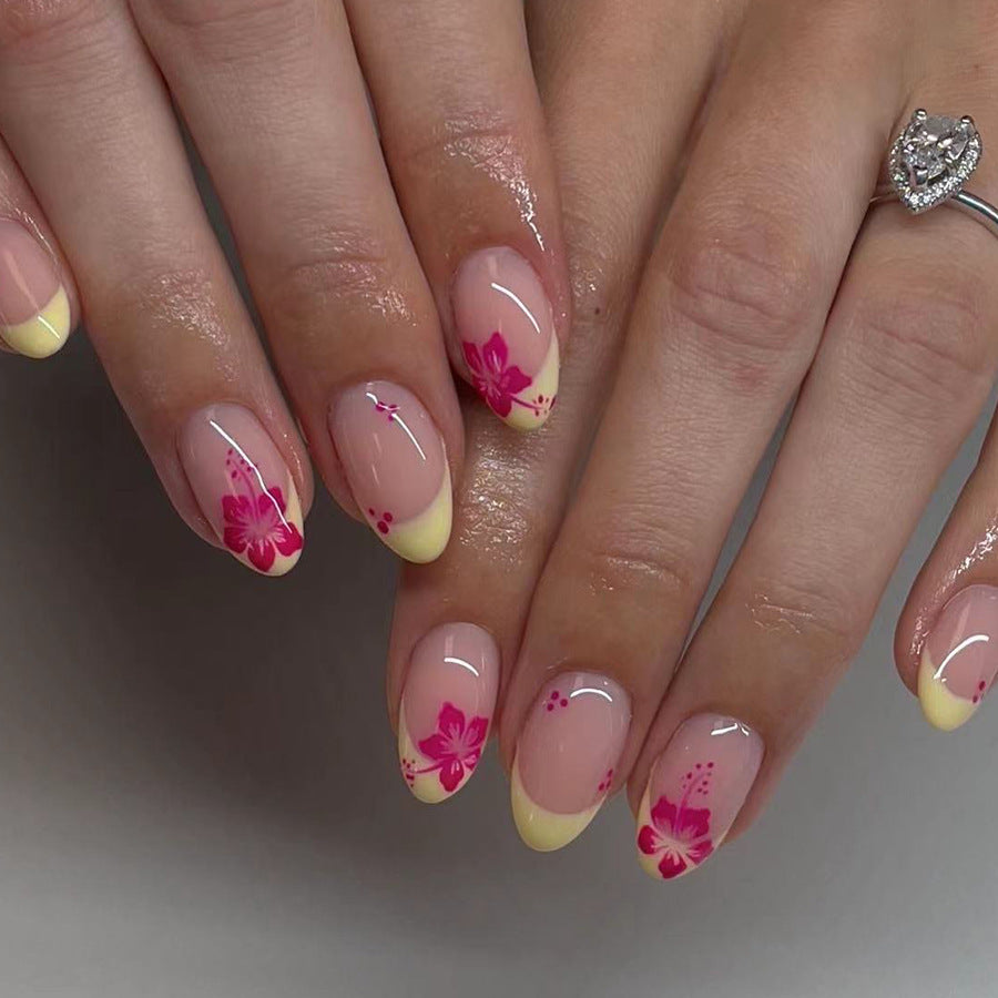 Tropical Blossom Almond Shape Pink Floral French Tip Press On Medium Nails with Yellow Gradient Accents