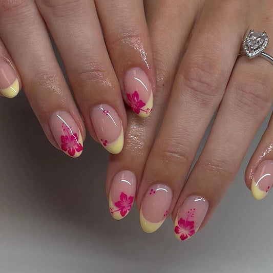 Tropical Blossom Almond Shape Pink Floral French Tip Press On Medium Nails with Yellow Gradient Accents