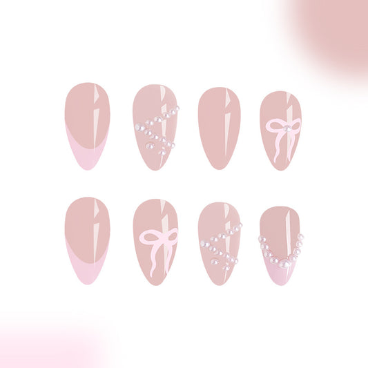 Chic Elegance Long Almond Beige and Pink Press On Nail Set with Pearl and Ribbon Accents
