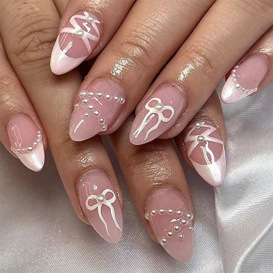 Chic Elegance Long Almond Pink Press On Nail Set with Pearls and Bows