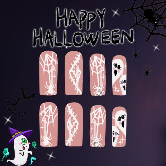Spooky Season Long Square Pink Press On Nails with Spider and Ghost Designs