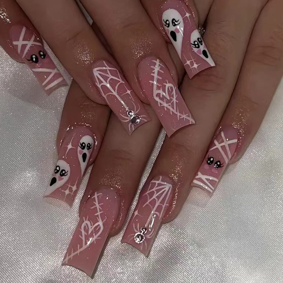 Haunted Elegance Long Square Pink Ghost Themed Press On Nail Set with Spiderweb Accents and Rhinestone Detail