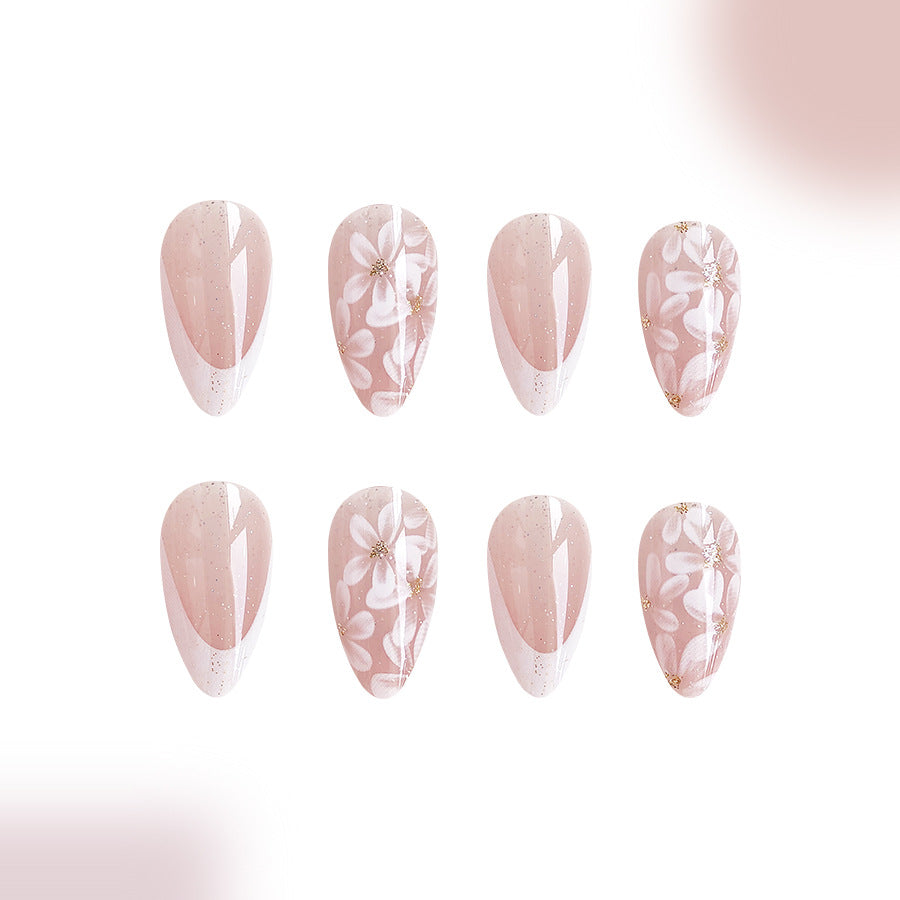 Blossom Elegance Long Almond Pink Floral Press On Nail Set with Glitter Accents