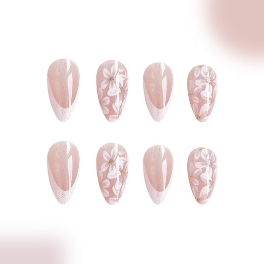 Blossom Elegance Long Almond Pink Floral Press On Nail Set with Glitter Accents