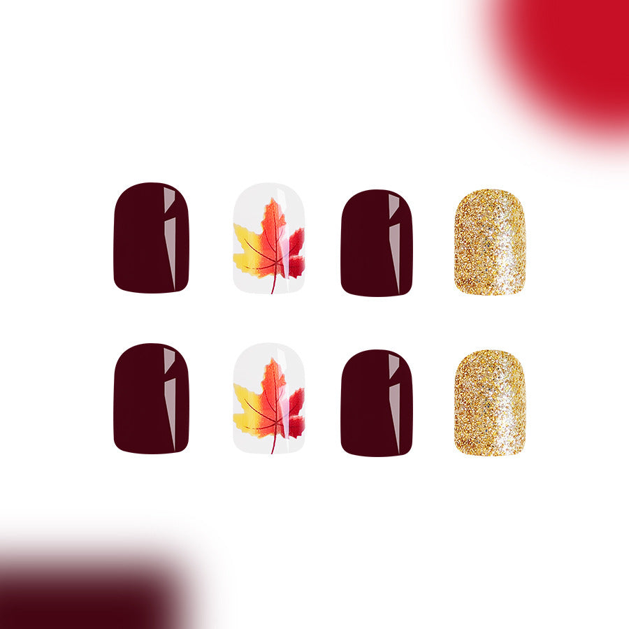 Autumn Elegance Short Square Burgundy and Gold Press On Nail Set with Leaf Design