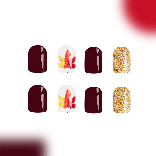 Autumn Elegance Short Square Burgundy and Gold Press On Nail Set with Leaf Design