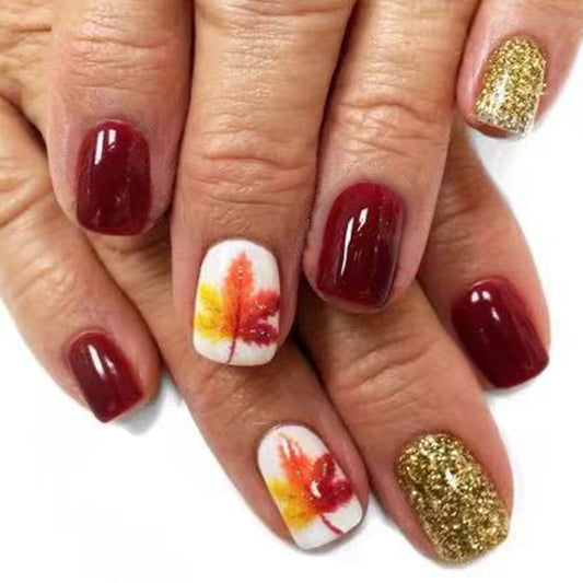 Autumn Elegance Short Square Burgundy Glitter Press On Nails with Vibrant Leaf Design