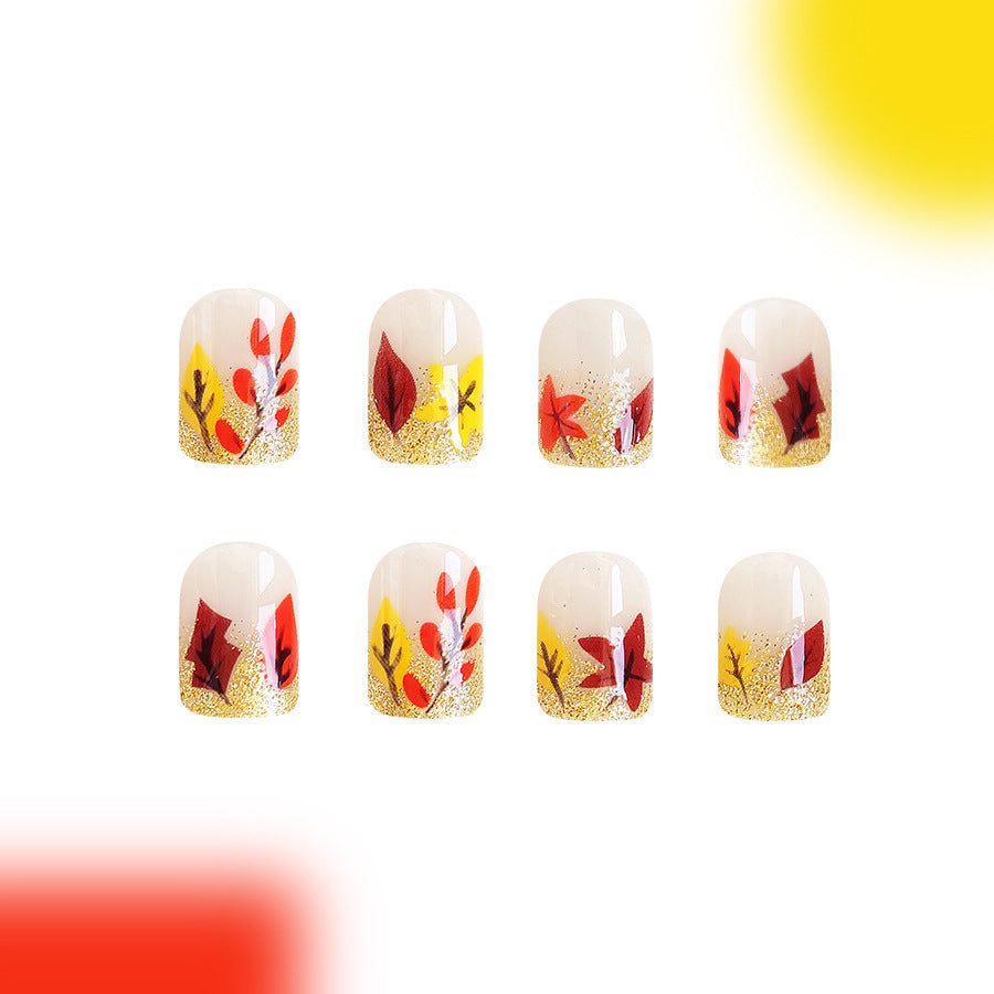 Autumn Elegance Short Square Beige and Gold Glitter Press On Nail Set with Fall Leaf Design
