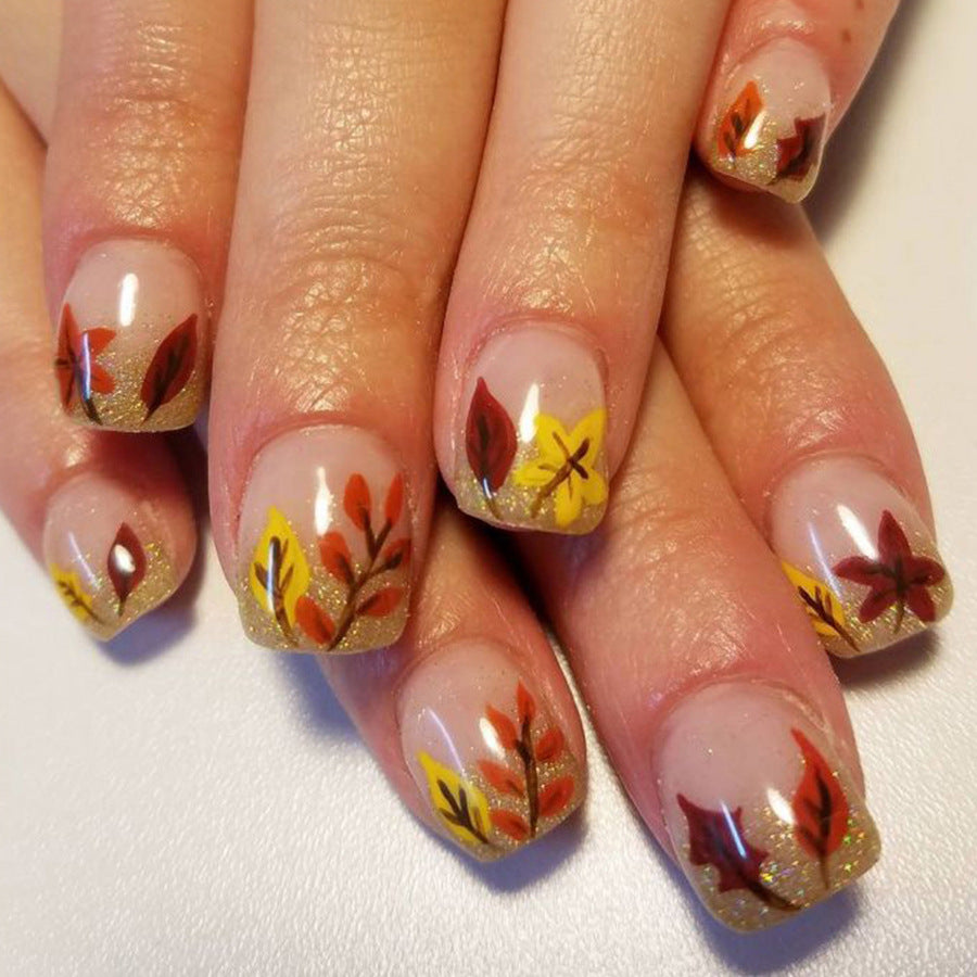 Autumn Elegance Short Square Beige and Gold Press On Nail Set with Colorful Leaf Design