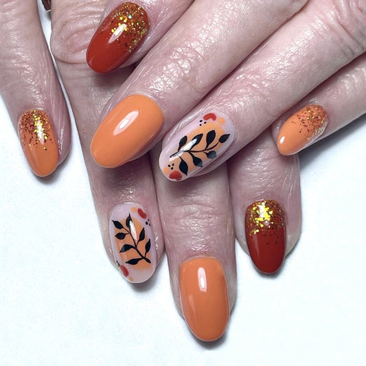 Autumn Inspired Medium Oval Shape Orange and Rust Glitter Press On Nail Set with Floral Accents
