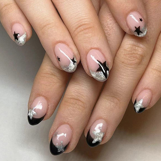 Celestial Dreams Medium Almond Black and Silver Glitter Ombre Press On Nail Set with Star Accents