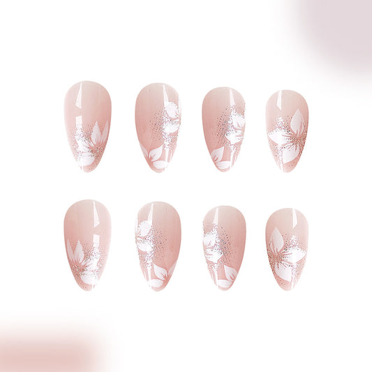 Blossom Elegance Long Almond Beige Press On Nail Set with Floral Design and Metallic Glitter Accents