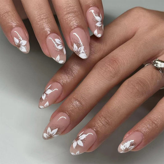 Floral Fantasy Long Almond Beige Press On Nail Set with White Leaf Design and Shimmer Accent