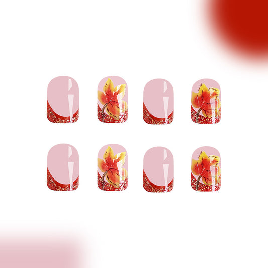 Autumn Delight Medium Square Pink Floral Press On Nail Set with Glitter Tips