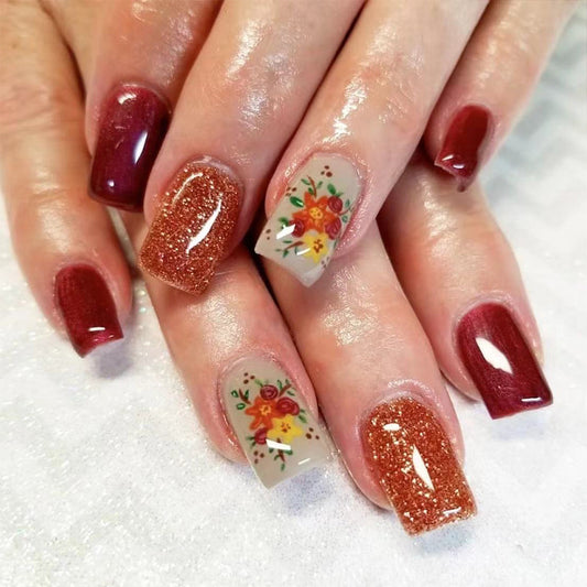 Autumn Blossom Long Square Burgundy Glitter Floral Press On Nail Set