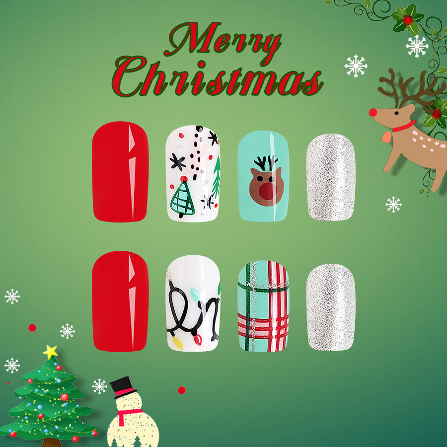 Set of Christmas-themed nail art designs on a green background with festive elements.