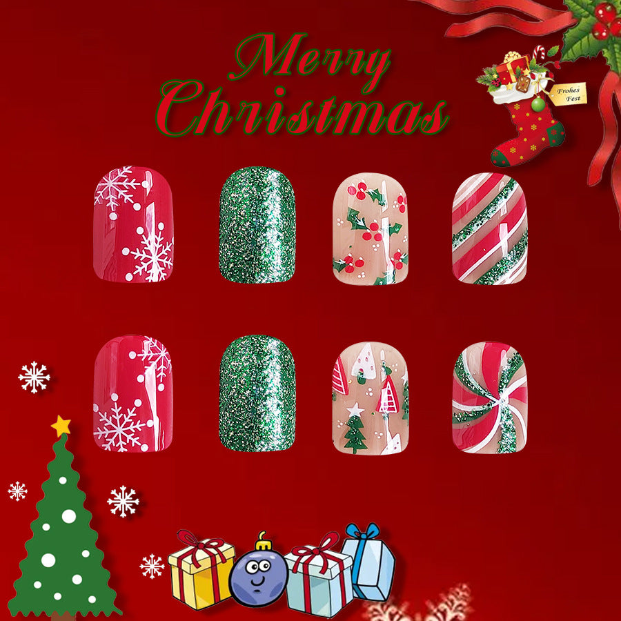 Christmas-themed nail art designs on a red background with festive elements.