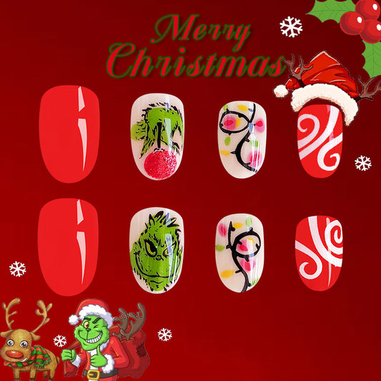 Christmas Cheer Medium Oval Red And White Grinch Themed Press On Nail Set