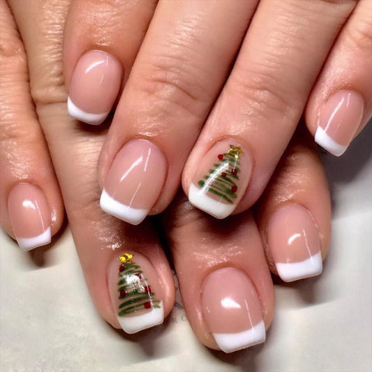 Christmas Cheer Elegant Square Press On ShortNails Beige Pink with Festive Christmas Tree Design