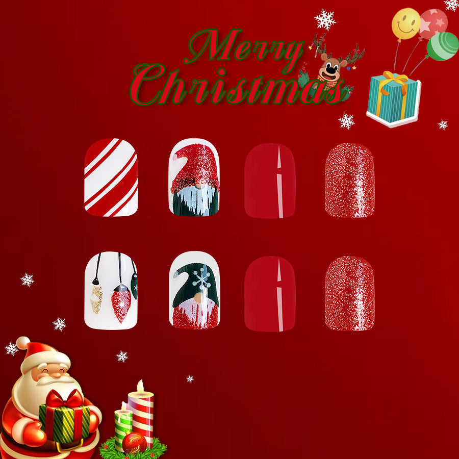Festive Wonderland Short Square Red Green and White Press On Nail Set with Glitter and Holiday Designs