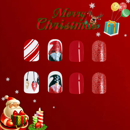 Festive Wonderland Short Square Red Green and White Press On Nail Set with Glitter and Holiday Designs