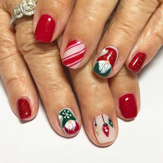 Festive Cheer Short Square Red and Green Press On Nail Set with Holiday Themed Nail Art Designs