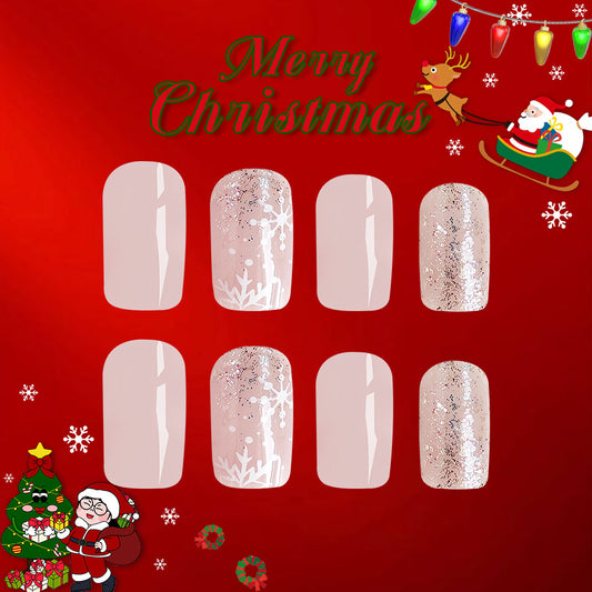 Holiday Magic Extra Medium Square Press On Nail Set in Soft Pink with Glitter and Snowflake Design