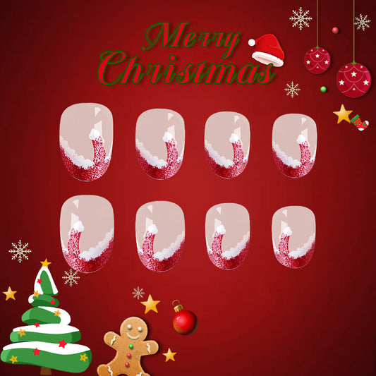 Christmas Cheer Short Oval Red Glitter Press On Nail Set with Whimsical Santa Design