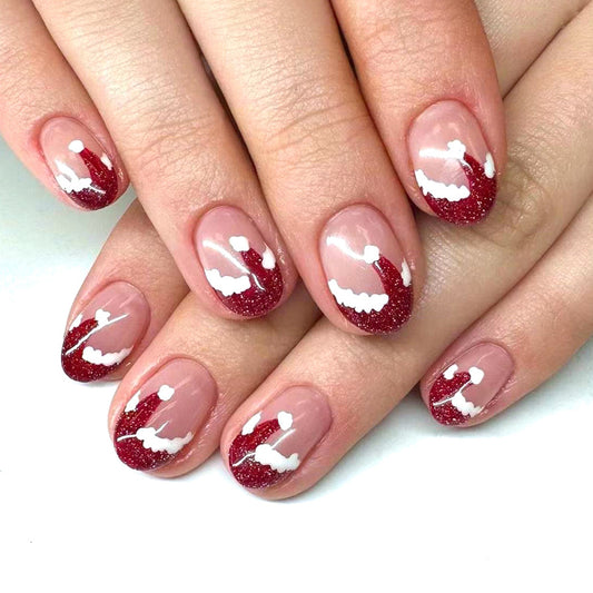 Festive Elegance Short Oval Red and Glittery Pink Press On Nail Set with Cloud Design