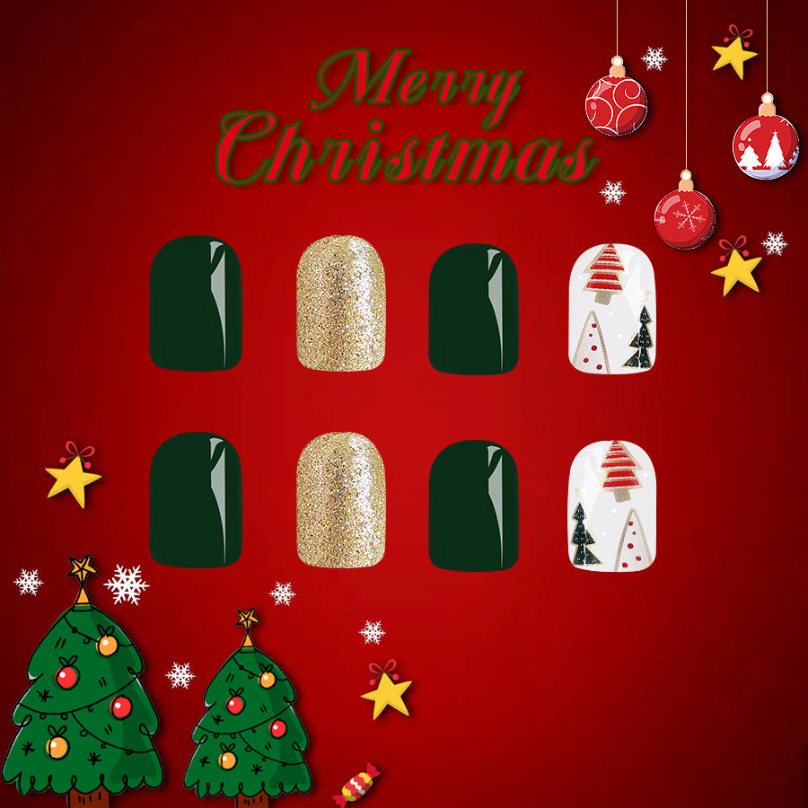 Festive Elegance Square Medium Green and Gold Glitter Christmas Themed Press On Nail Set